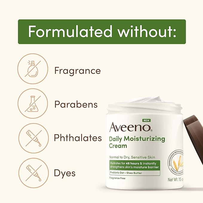 Aveeno Daily Moisturizing Cream with Prebiotic Oat & Shea Butter for Body, Face & Hands Moisturizer Cream, Hydrates Normal to Dry, Sensitive Skin, Fragrance Free, Non-Comedogenic, 20 oz-GlimoraGlow