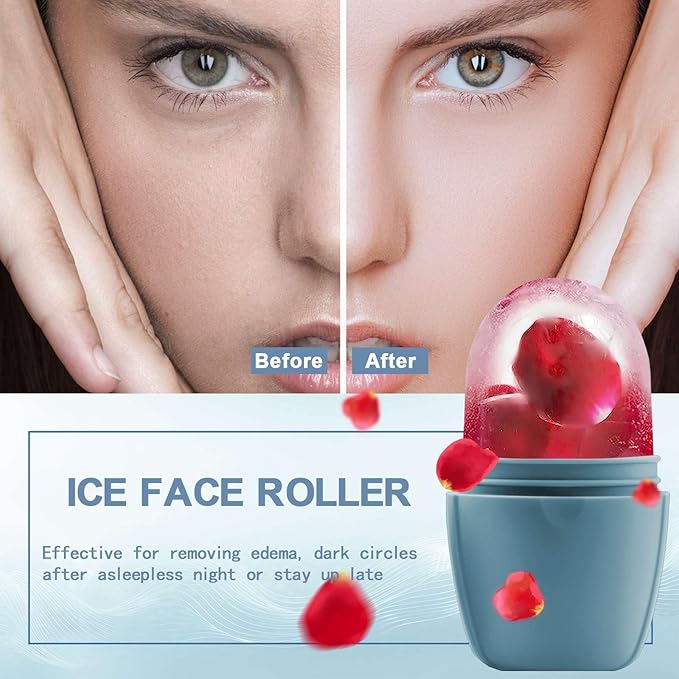 XHJRI Ice Face Roller Massager,Ice Cube Roller for Face, Eyes and Neck Naturally Conditioning and Skin Care,De-Puff Eye Bags,Reduce Migraine Pain,Reusable Massage Silicone Ice Mold (New Blue)-GlimoraGlow