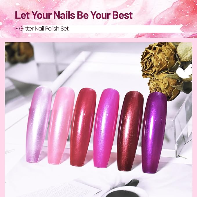 10ml 6 Colors Red Glitter Nail Polish Set Glitter Rose Red Pink Deep Purple Series Nail Polish Gifts for Women-GlimoraGlow