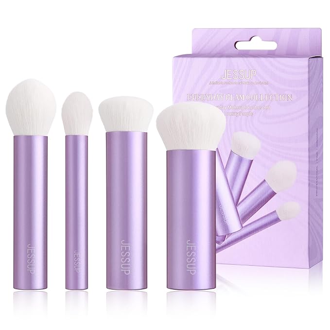Jessup Makeup Brushes Set 4pcs Face Kabuki Brush for Foundation Contour Powder Blush Bronzer and Highlighter, Premium Synthetic Fiber Cruelty-Free, Luxury Purple T517-GlimoraGlow