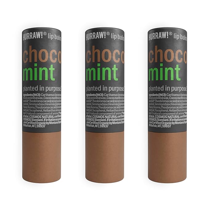 Hurraw! Chocolate & Mint Lip Balm, 3 Pack: Plastic-Free with new cardboard push-up tube. Certified Organic, All Natural Origin, Vegan & Cruelty Free. Gluten, Bee, Shea, Soy & Palm Free. Made in USA-GlimoraGlow