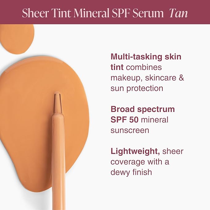 Mineral Fusion Face Serum, Sheer Tint Mineral SPF Serum, 1 Fl Oz, Tan, Tinted Broad Spectrum SPF 50 Mineral Sunscreen, Sheer Coverage, Lightweight & Dewy Finish for Glowing, Protected Skin-GlimoraGlow