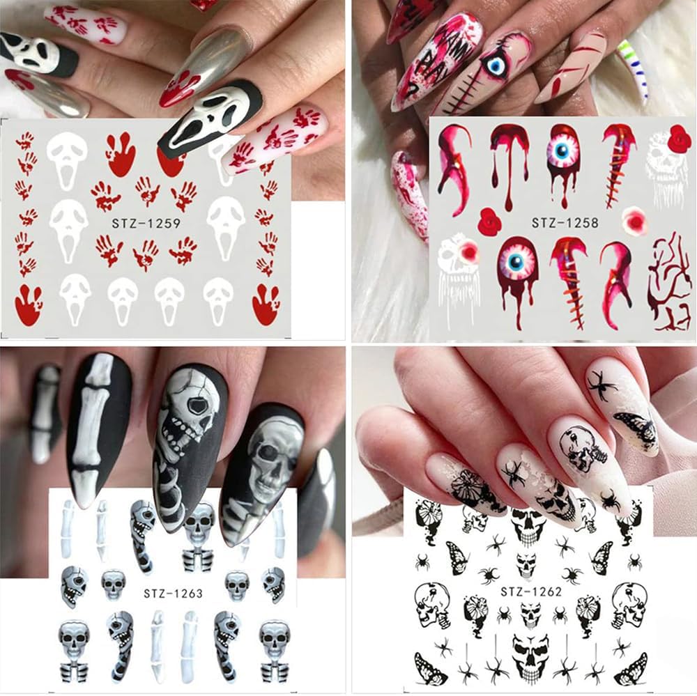 12 Sheets Halloween Nail Art Sticker Decals Horror Water Transfer Nails Foils Pumpkin Ghost Skull Spider Blood Evil Eye Halloween Design Nail Art Decoration Nail Slider Decal for Women DIY Nail Supply-GlimoraGlow