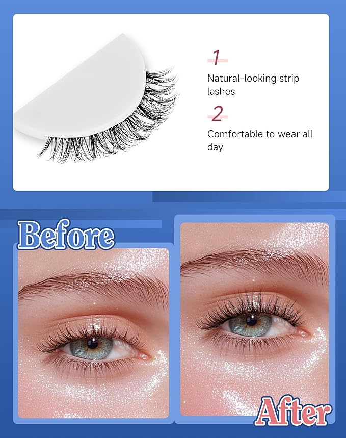 Clear Band Lashes Short Everyday Wispy False Eyelashes Natural Look Flared Strip Eyelash Small Lash Soft Fluffy Pack 7 Pairs SF-06-GlimoraGlow