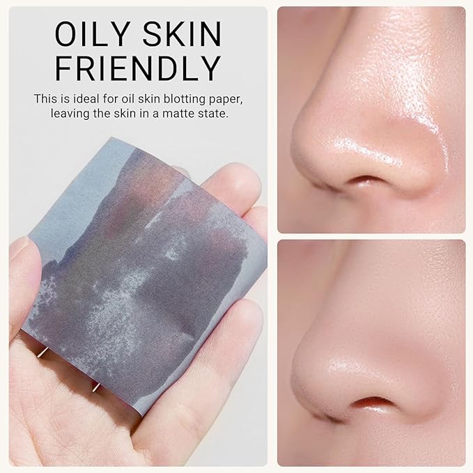 KYDA 200 Sheets Bamboo Charcoal Oil Blotting Paper with Mirror and Puff, Refills Included, Face Oil Absorbing Sheets, Makeup Friendly Oil Control Paper, Travel Size Oil Control Film-GlimoraGlow