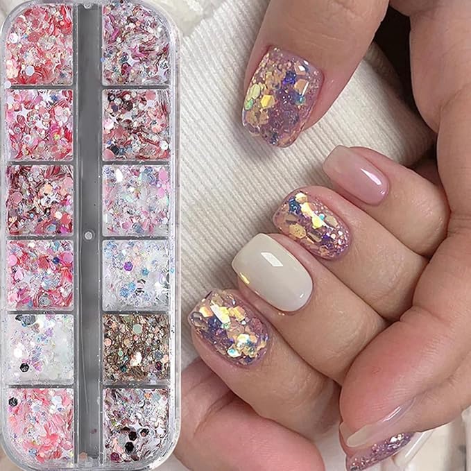 12 Grids Star Nail Art Glitter Sequins Heart Shaped Mermaid Nail Sequins Holographic Mermaid Nail Flakes Sticker Sequin Heart Nail Art Glitter for Women DIY Acrylic Nail Decoration-GlimoraGlow