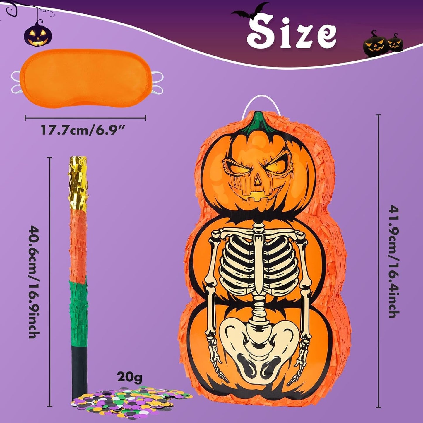 WERNNSAI Halloween Skull Piñata - Pumpkin Skull Pinata Halloween Wicked Pumpkin Party Pinata Games for Kids Weird Theme Party Jack o Lanterns Decorations with Bat Blindfold
