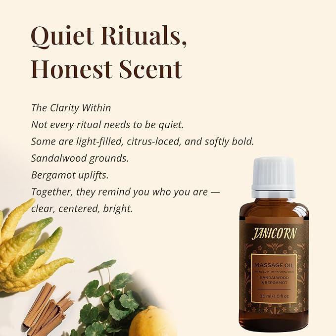 Sandalwood & Bergamot Botanical Massage Oil – Lightweight Body Oil with Jojoba & Almond – Wood & Citrus Aroma for Deep Massage, Fascia Release & Self-Care, 30ml (1.0 fl oz)-GlimoraGlow