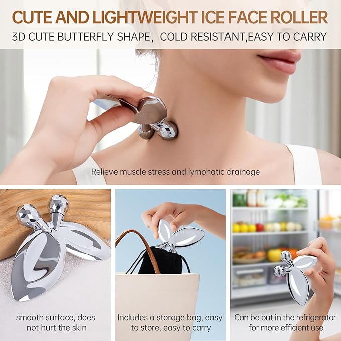 Ice Face Roller-3D Butterfly roller for Women,Stainless Steel Gua Sha Facial Massager Tool for Skin Tightening,2-in-1 Body Gua Sha Massager Tool for Muscle Ache&Lymphatic Drainage,Butterfly Decoration-GlimoraGlow