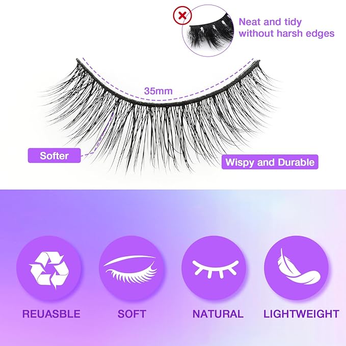 Wispy False Eyelashes Kit With Bond, Seal and Tweezer, 7 Pairs Natural Look Fake Cat Eye Lashes Strips Thin Band Extensions Waterproof Easy Eyelashes for Beginners RQ46-GlimoraGlow