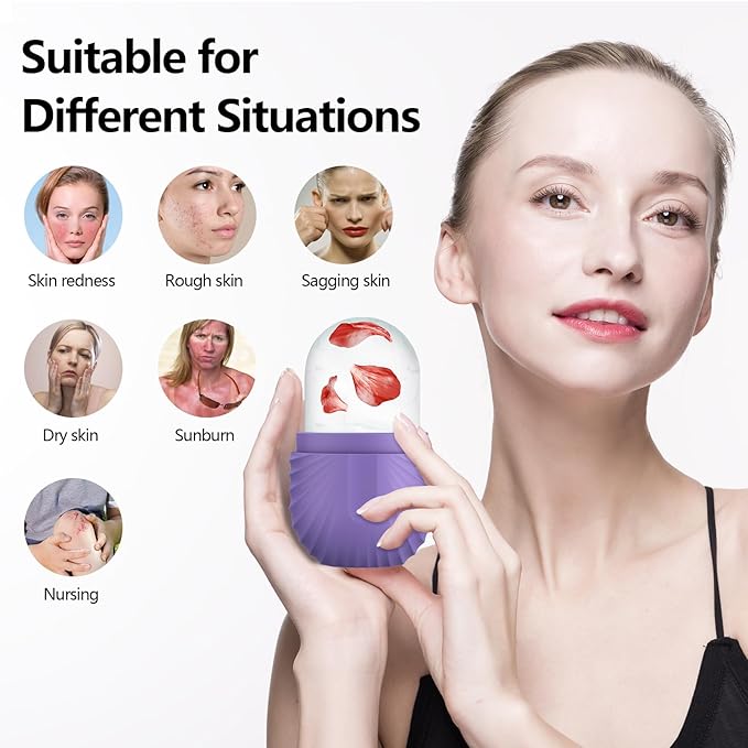 Ice Roller for Face and Eye, Silicone Ice Facial Roller Ice Holder, Face Ice Mold Skin Care, Face Icers Reusable Ice Cube Roller for Shrink Pores Anti Wrinkle Reduce Puffiness, Purple-GlimoraGlow
