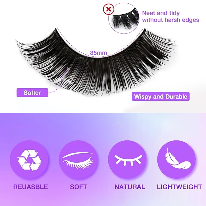 Wispy False Eyelashes Kit With Bond, Seal and Tweezer, 7 Pairs Natural Look Fake Cat Eye Lashes Strips Thin Band Extensions Waterproof Easy Eyelashes for Beginners RQ7Variety Mix-GlimoraGlow