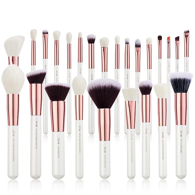 Jessup Brand 25pcs Professional Makeup Brush set Beauty Cosmetic Foundation Power Blushes eyelashes Lipstick Natural-Synthetic Hair Brushes set (Pearl White/Rose Gold)-GlimoraGlow