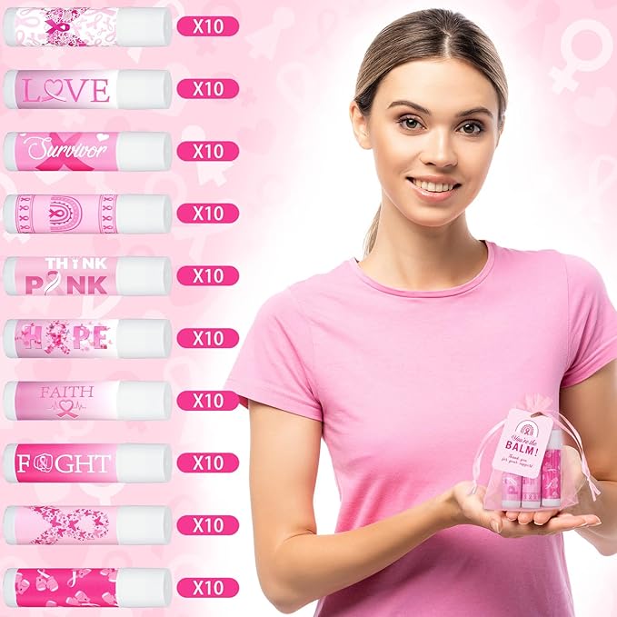 100 Set Pink Ribbon Breast Cancer Awareness Gifts Bulk, 100 Lip Balms, 100 Organza Gift Bags and 100 Tags Perfect for Charity Events, Survivors Awareness Campaigns-GlimoraGlow