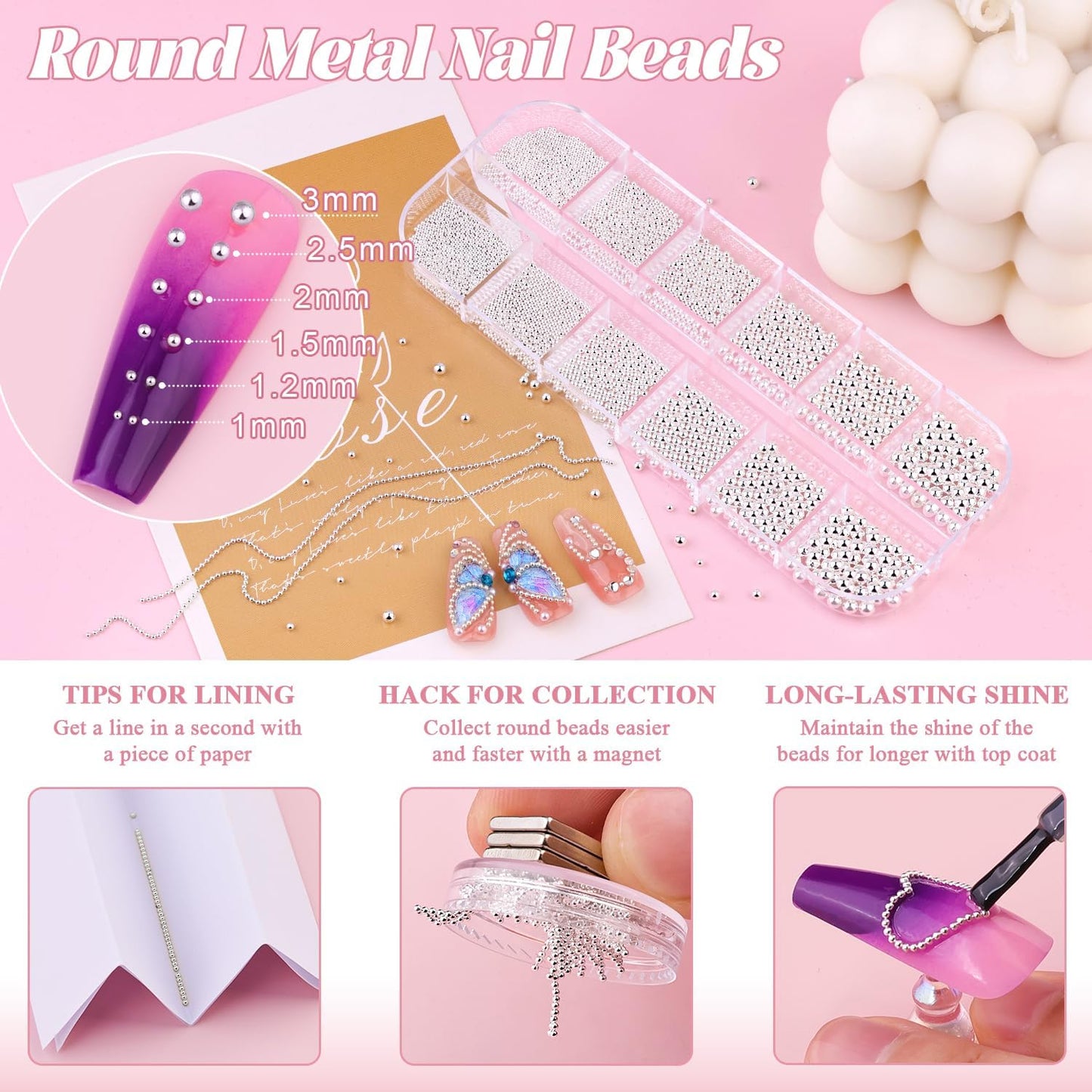 1-3MM Mini Small Nail Beads Metal Caviar Bead Silver Nail Charms and Gems Ball, Nail Chain for Nail Art Accessories Supplies Silver Rhinestones for Women Manicure-GlimoraGlow