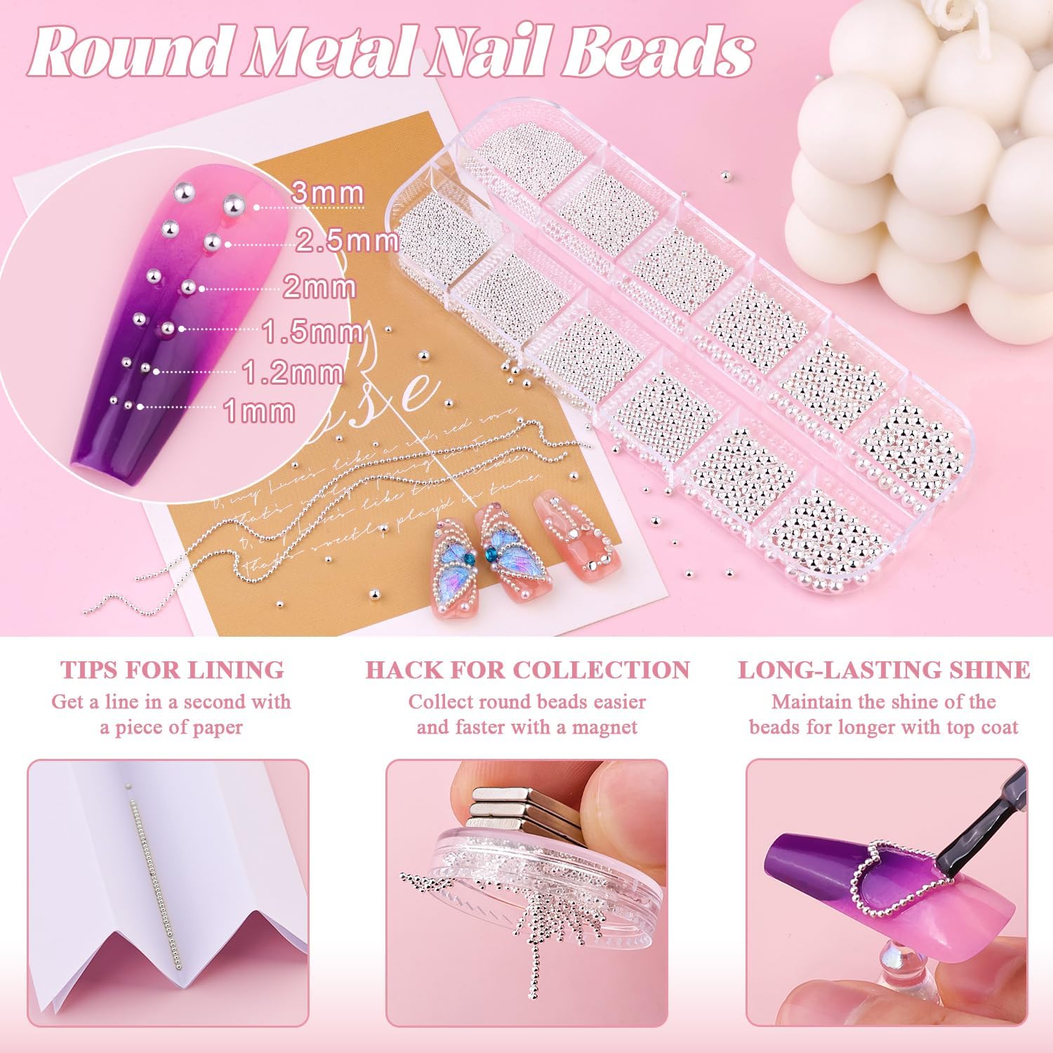 1-3MM Mini Small Nail Beads Metal Caviar Bead Silver Nail Charms and Gems Ball, Nail Chain for Nail Art Accessories Supplies Silver Rhinestones for Women Manicure-GlimoraGlow