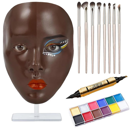 5D Makeup Practice Face Board, Makeup Practice Accessories Set with Face Painting Mannequin Head, Makeup Brushes, Face Painting and 2-in-1 Dual-Ended Eyebrow Pen, Makeup Practice Gift, Dark Brown-GlimoraGlow