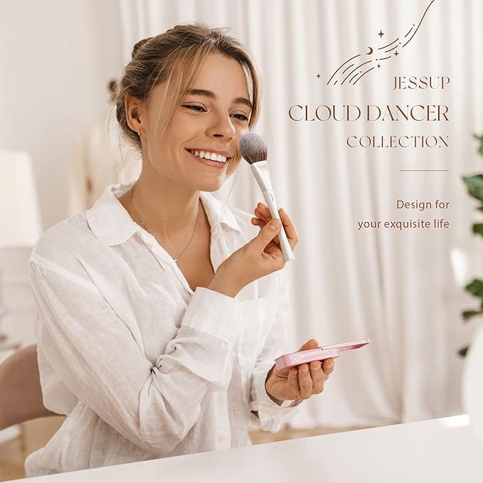 Jessup Makeup Brushes Set 14pcs Highend Makeup Gift Set for Women Include Foundation Concealer Blush Contour Powder Eye Shadow Brush, Makeup Sponge, Makeup Brush Cleaner and Towel, Pearl White T333-GlimoraGlow