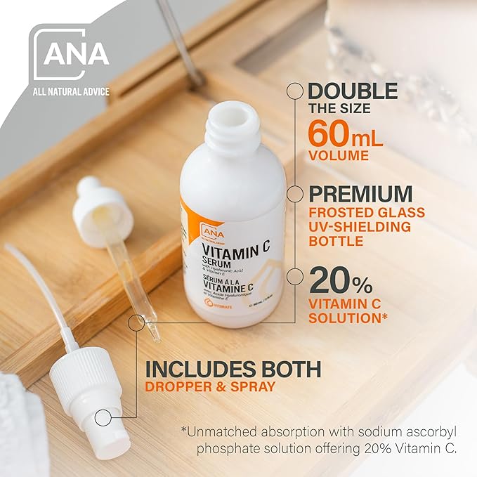 All Natural Advice Vitamin C Serum 60mL | 20% Vitamin C Face Serum Solution with Organic Botanicals, Hyaluronic Acid & Vitamin E | UV-Shielding Glass Bottle, Spray & Dropper | Canadian Skin Care-GlimoraGlow