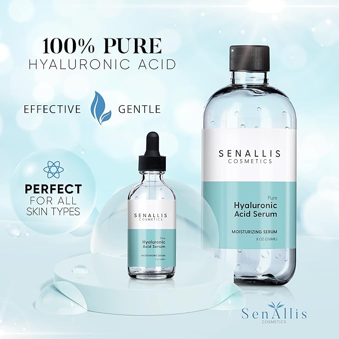 Hyaluronic Acid Serum 8 fl oz And 2 fl oz, Made From Pure Hyaluronic Acid, Anti Aging/Wrinkle, Ultra-Hydrating Moisturizer That Reduces Dry Skin Manufactured In USA-GlimoraGlow
