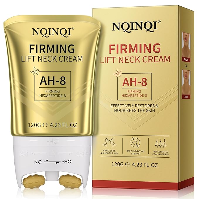 AH-8 Firming Neck Cream with Roller - Neck and Chest Firming Cream to Lift, Tighten & Smooth Sagging Skin, Reduce Wrinkles & Hydrate for Youthful Neck, 4.23 Fl Oz-GlimoraGlow