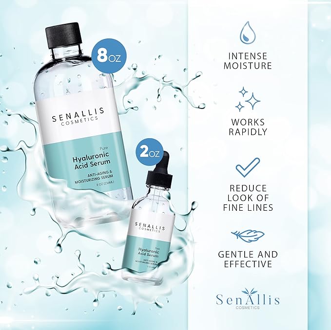 Hyaluronic Acid Serum 8 fl oz And 2 fl oz, Made From Pure Hyaluronic Acid, Anti Aging/Wrinkle, Ultra-Hydrating Moisturizer That Reduces Dry Skin Manufactured In USA-GlimoraGlow