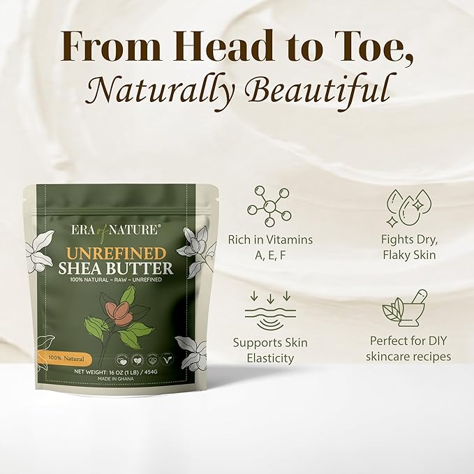 era of nature Organic Unrefined Raw African Ivory White Shea Butter 16oz - Moisturizing Raw Shea Butter Bar for Skin & Hair, DIY Lip Balm Base, Cream, Soap & Lotion Making Supplies Kit, Skincare-GlimoraGlow