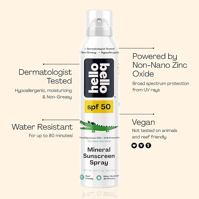Hello Bello SPF 50 Kids Mineral Sunscreen Spray, Hypoallergenic Broad Spectrum UVA and UVB Protection, Reef Friendly and Water Resistant, 5 oz-GlimoraGlow