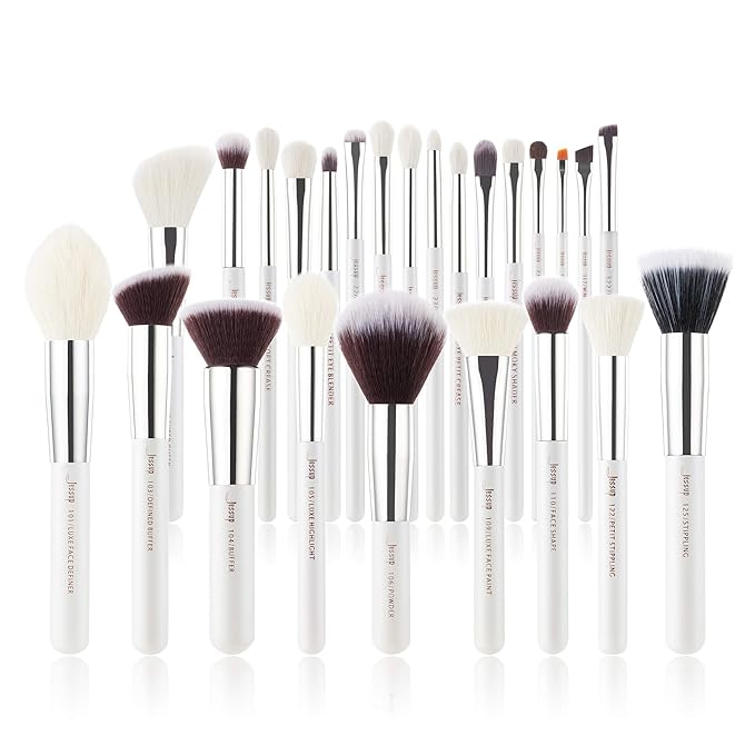Jessup Brand 25pcs Professional Makeup Brush Set Beauty Cosmetic Foundation Powder Blusher Eyeshadow Blending Highlight Concealer Natural-Synthetic Hair Brushes Set (Pearl White/Silver)-GlimoraGlow