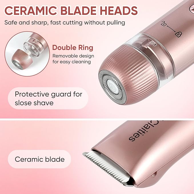 2 in 1 Women Electric Shaver Dual Head Bikini Trimmer for Women IPX7 Waterproof Wet & Dry Use Body Hair Trimmer and Facial Hair Remover for Bikini Underarm Leg Arm Body Face-GlimoraGlow