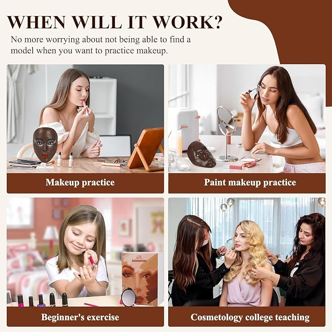 5D Makeup Practice Face Board, Makeup Practice Accessories Set with Face Painting Mannequin Head, Makeup Brushes, Face Painting and 2-in-1 Dual-Ended Eyebrow Pen, Makeup Practice Gift, Dark Brown-GlimoraGlow