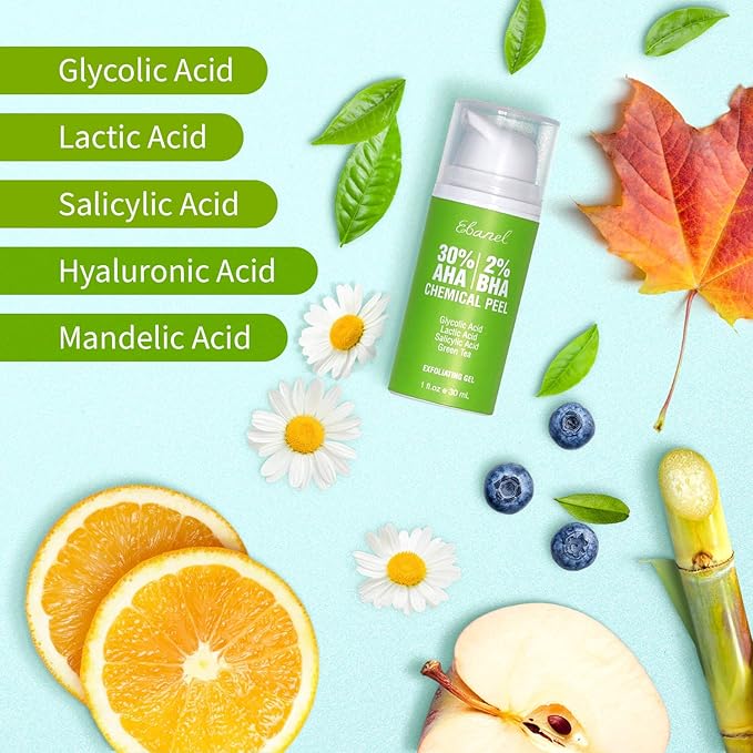 Ebanel Chemical Peel for Face, AHA BHA Exfoliator, Glycolic Acid Peel, Salicylic & Lactic Acid Face Peeling Gel, Infused with Green Tea & Chamomile for Acne Scars, Dark Spots, Wrinkles, Fine Lines-GlimoraGlow