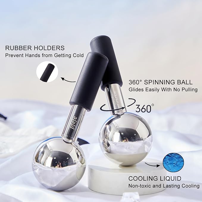 360 Rotating Ice Globes for Face & Eyes, Unbreakable Stainless Steel Cryo Sticks for Beauty Routines, Facials Cold Roller Colling Globes for Puffiness, Wrinkles, Dark Circles, Headaches-GlimoraGlow