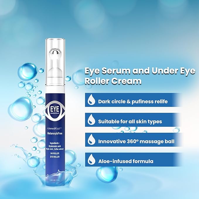 5% Caffeine Eye Serum and Under Eye Roller Cream with 360° Massage Ball for Dark Circles and Puffiness | Under Eye Bags Reduce Wrinkles & Fine Lines | Suitable for All Skin Types | Aloe Scented-GlimoraGlow