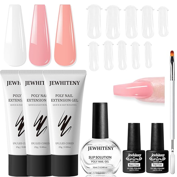 JEWHITENY Poly Nail Gel Set Clear Pink White Neutral Classic Color Poly Extension Gel With Base and Top Coat Slip Solution French Manicure for Home DIY Need U V Lamp Curing-GlimoraGlow