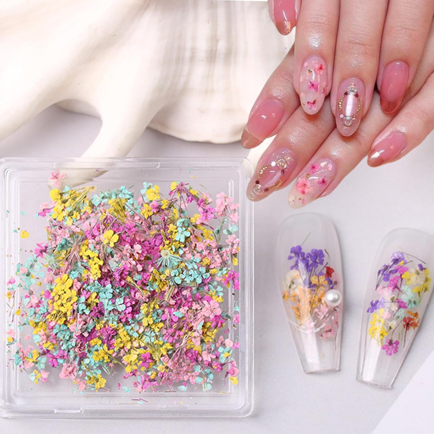 1 Box of Dried Flower Nail Stickers, Colored Dried Flower Nail Stickers, mini Real Flowers, Natural Flowers, 3D Baby's Breath Floral Art, Ladies and Girls DIY Nail Art Decoration-GlimoraGlow