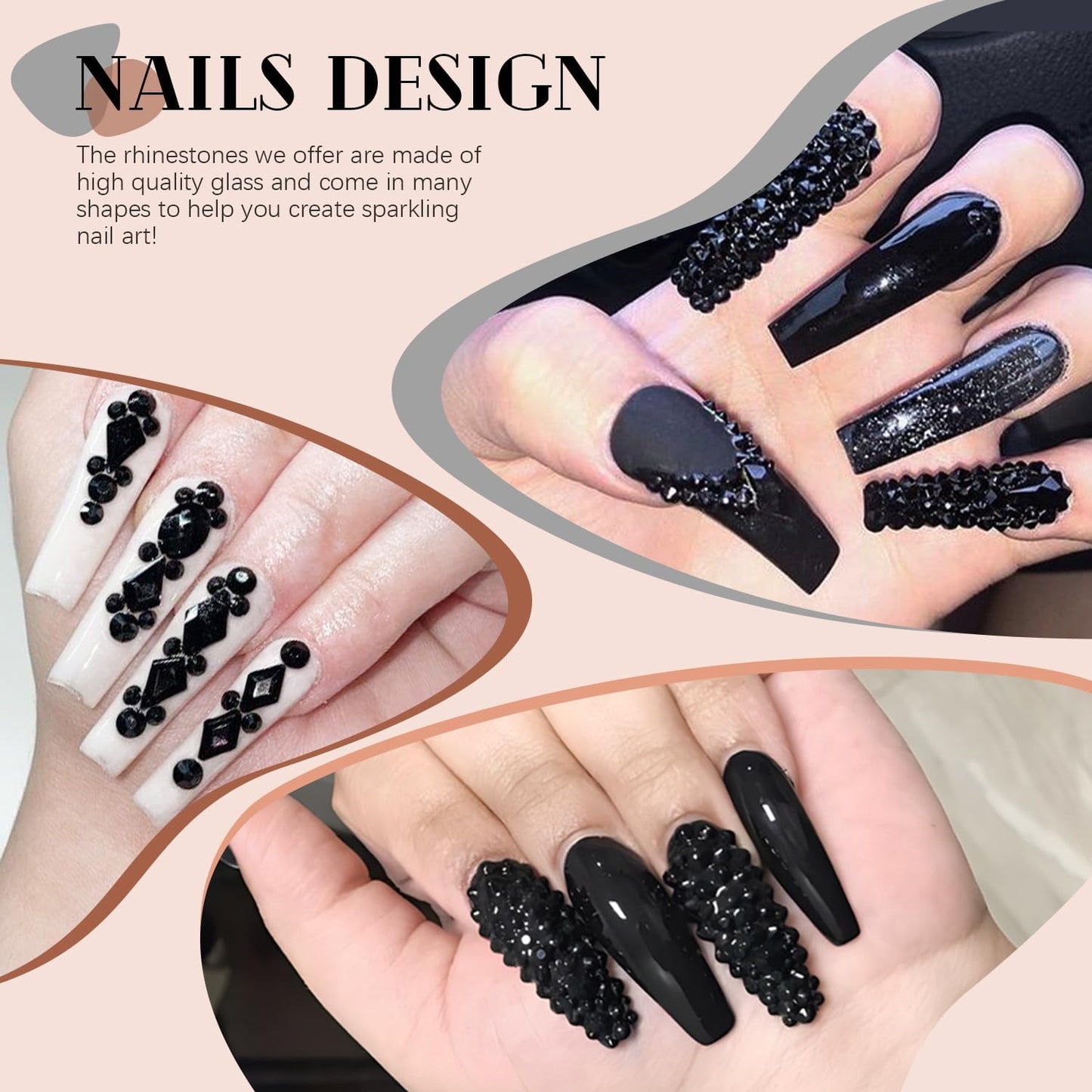 2060Pcs Black Glass Nail Rhinestones 60Pcs Multi Shapes Flatback Nail Gems + 2000Pcs 1.5-4mm Round Crystal, Manicure Nail Charms Diamond Gemstones for Acrylic Nails Decoration-GlimoraGlow