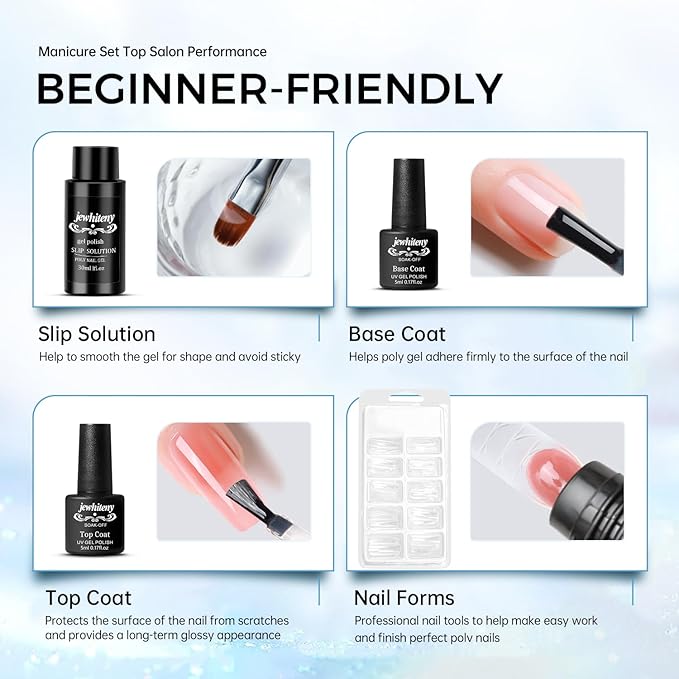 JEWHITENY Poly Nail Gel Kit 14 Colors Purple Nude Grey Black Blue Glitter Tones Starter Kit with UV Lamp Matte & Glossy Top & Base Coat All-in-One Designs DIY At Home-GlimoraGlow