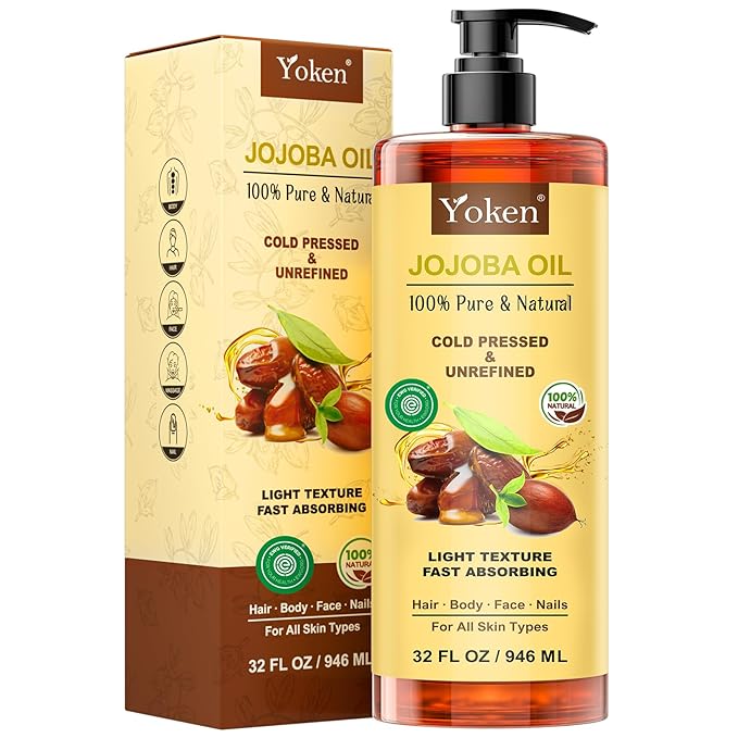 Yoken 32 fl oz (EWG Verified) 100% Pure Jojoba Carrier Oil - Unrefined, Hexane-Free, Cold Pressed for Skin, Face, Hair, Nails, and Massage-GlimoraGlow