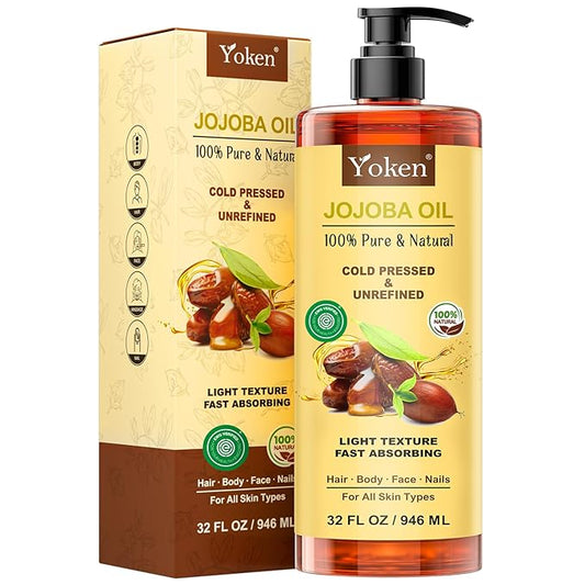 Yoken 32 fl oz (EWG Verified) 100% Pure Jojoba Carrier Oil - Unrefined, Hexane-Free, Cold Pressed for Skin, Face, Hair, Nails, and Massage-GlimoraGlow