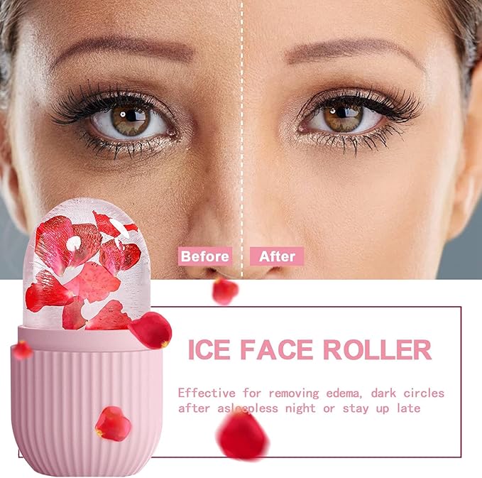 XHJRI Ice Face Roller Massager,Ice Cube Roller for Face, Eyes and Neck Naturally Conditioning and Skin Care,De-Puff Eye Bags,Reduce Migraine Pain,Reusable Massage Silicone Ice Mold (Pink White)-GlimoraGlow