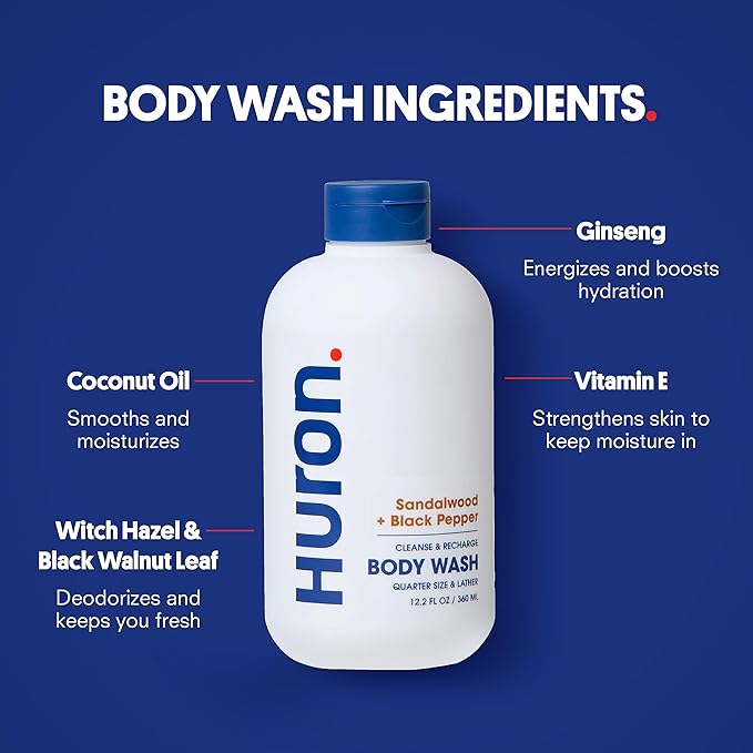 Huron Shower Kit - Shampoo, Conditioner, & Body Wash For Men - Sandalwood + Black Pepper Scent - Hydrating & Nourishing Men's Shampoo & Conditioner-GlimoraGlow