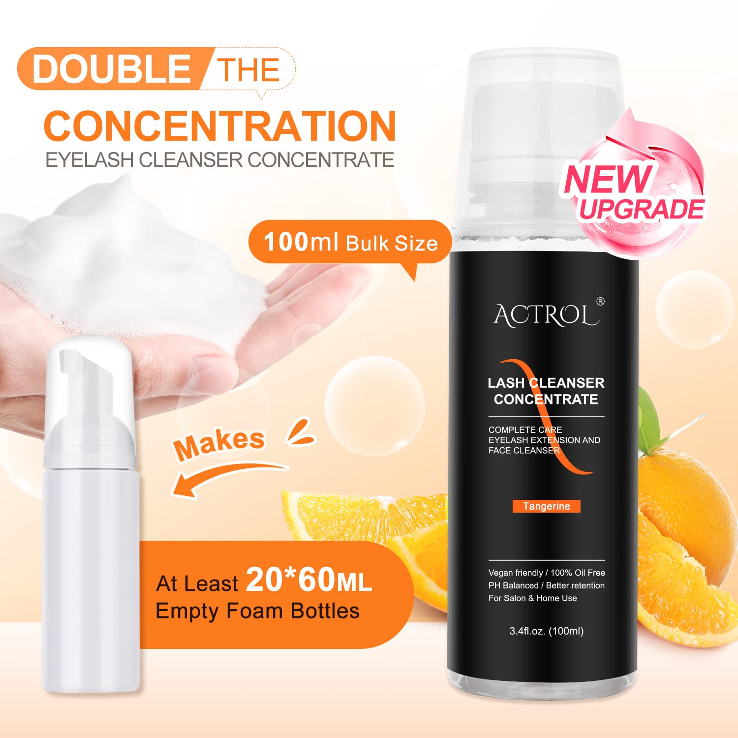 Eyelash Cleanser Concentrate 100ml Tangerine Professional Lash Shampoo Foaming Cleanser Paraben & Sulfate Free Non-lrritating Wash for Extensions Lashes with Salon Home Care-Makes 20 Bottles-GlimoraGlow