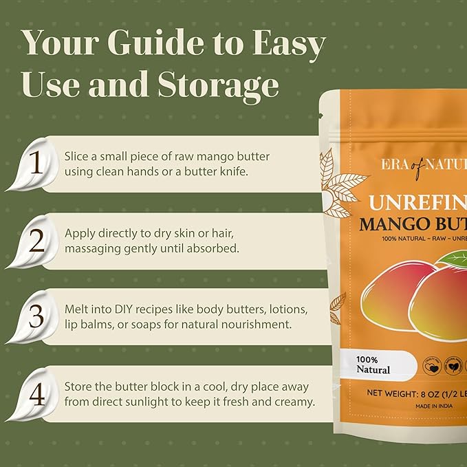 era of nature Organic Unrefined Raw Mango Body Butter Block 8oz - Moisturizing Mango Seed Raw Butter Bar for Skin & Hair, DIY Lip Balm Base, Cream, Soap & Lotion Making Supplies Kit, Personal Skincare-GlimoraGlow