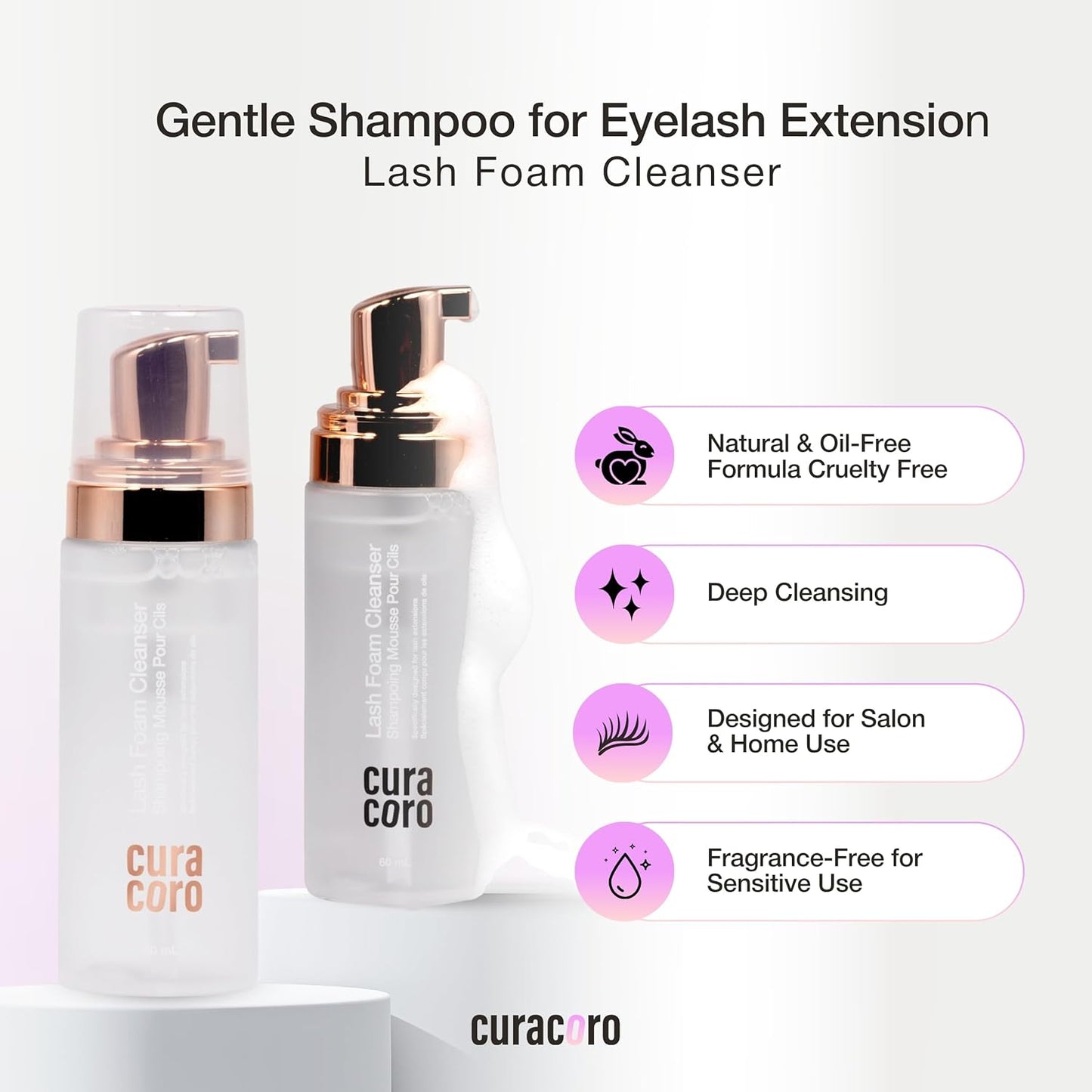 CURACORO 60ML Eyelash Extension Cleanser (Unscented) - Lash Shampoo for Lash Extensions, Eyelash Extension Foam Cleanser for Sensitive Skin, Removes Waterproof Makeup for Professional & Home Use-GlimoraGlow