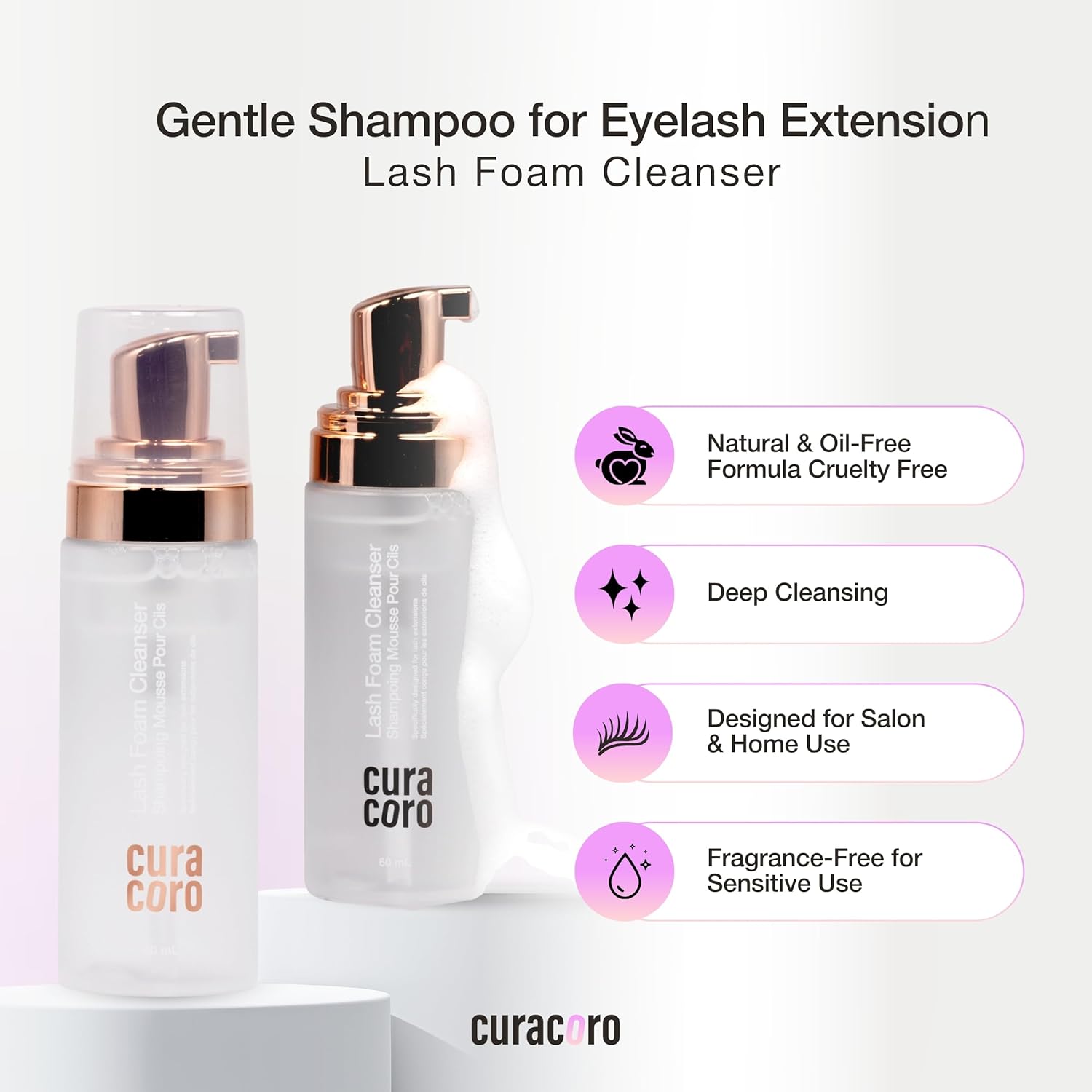 CURACORO 60ML Eyelash Extension Cleanser (Unscented) - Lash Shampoo for Lash Extensions, Eyelash Extension Foam Cleanser for Sensitive Skin, Removes Waterproof Makeup for Professional & Home Use-GlimoraGlow