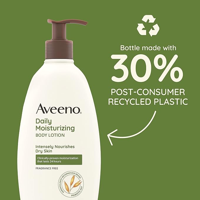 Aveeno Daily Moisturizing Body Lotion with Soothing Prebiotic Oat, Gentle Lotion Nourishes Dry Skin With Moisture, Paraben-, Dye- & Fragrance-Free, Non-Greasy & Non-Comedogenic, 12 fl. Oz-GlimoraGlow