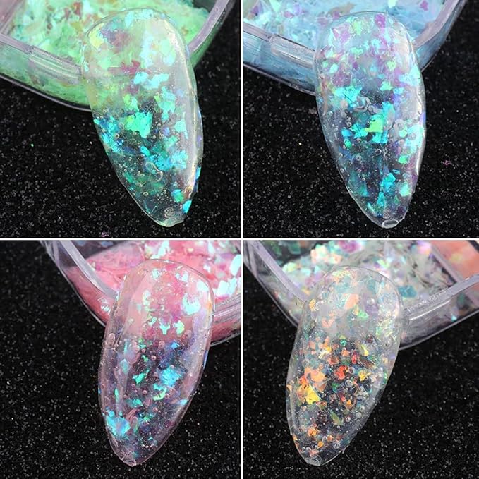 12 Colors Holographic Nail Art Glitter Sequins Aurora Holographic Mermaid Nail Glitter Flash Ice Residue Nail Glitter Sequin Chameleon Flakes Set Fluorescent Glass Paper for Face Body DIY Decoration-GlimoraGlow