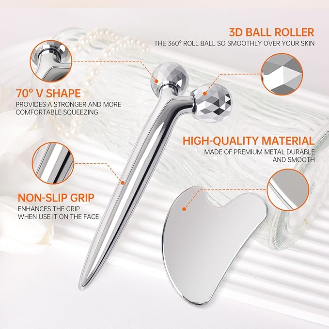 3D Gua Sha Facial Tools Metal Face Roller Stainless Steel Gua Sha Set Cooling Massage Tools for Reduce Puffiness, Firm Skin, Anti-Aging Care - Daily Facial Sculpting Gift for Women-GlimoraGlow