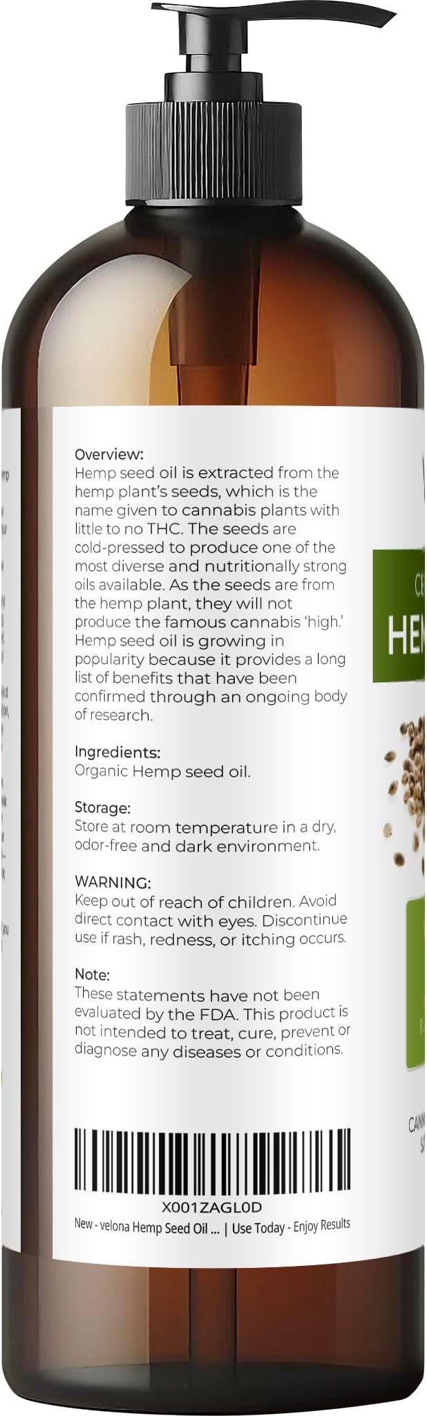 velona Hemp Seed Oil USDA Certified Organic - 16 Fl Oz | 100% Pure and Natural Carrier Oil | Unrefined, Cold Pressed | Hair, Body, Face & Skin Care-GlimoraGlow